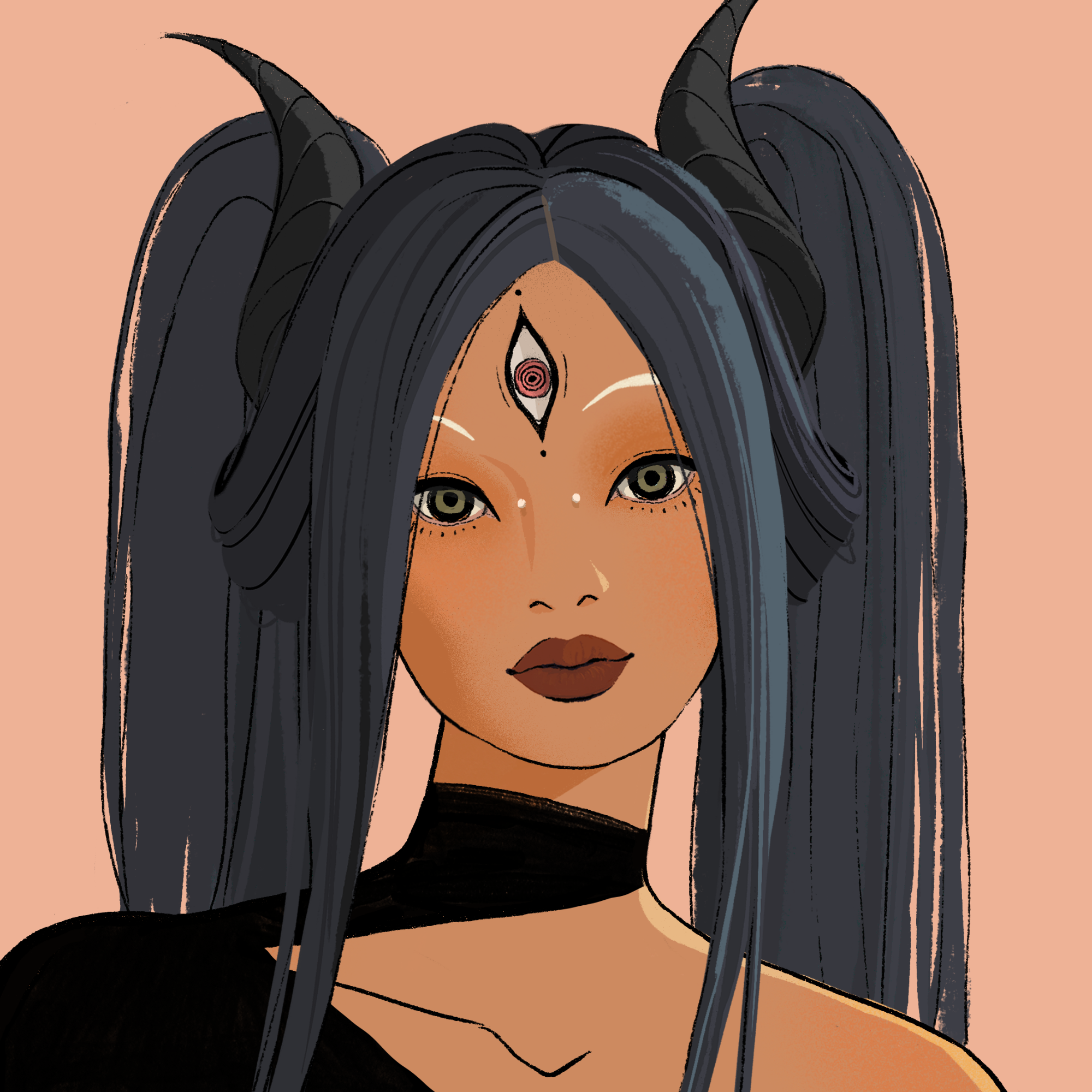 a portrait of Thera of the demon market